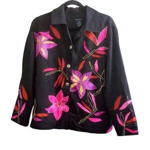 Vintage West‎ End Linen Blend Blouse/Jacket Button Front Floral Black Medium
